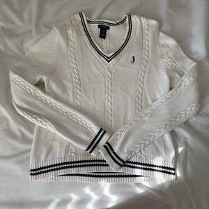 Izod V-Neck Sweater in White with Black Trim